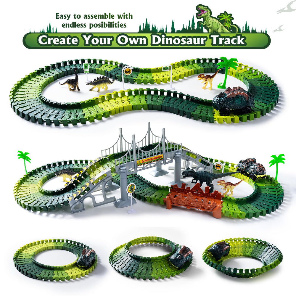 Coroiesty track signs and trees add scenery for dinosaur adventures.
