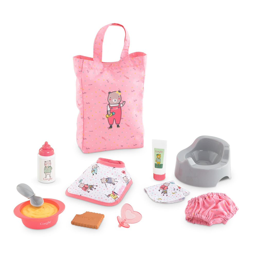 Corolle baby doll care diaper bag open, organized storage for on-the-go play.