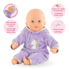 Corolle Bebe Calin in purple hooded outfit perfect for pretend dress-up