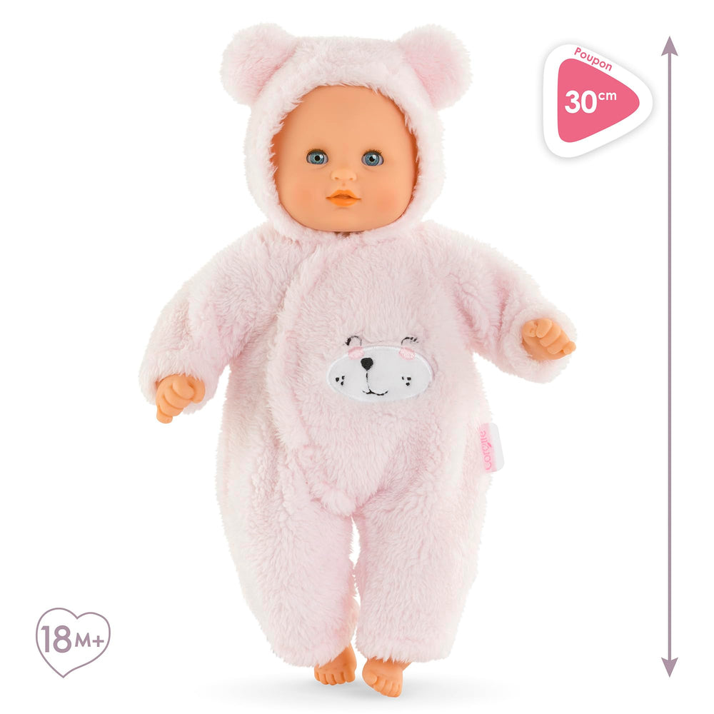 Corolle My First Cuddly Teddy Bear Doll in pink pajama set for cozy bedtime pretend.
