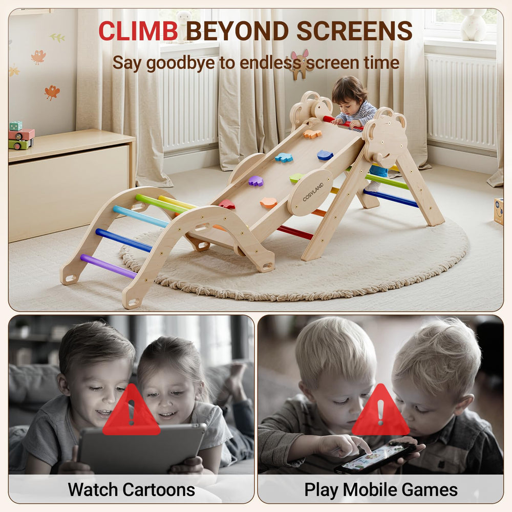 COSYLAND Pikler Triangle Set toy-storage keeps play areas tidy