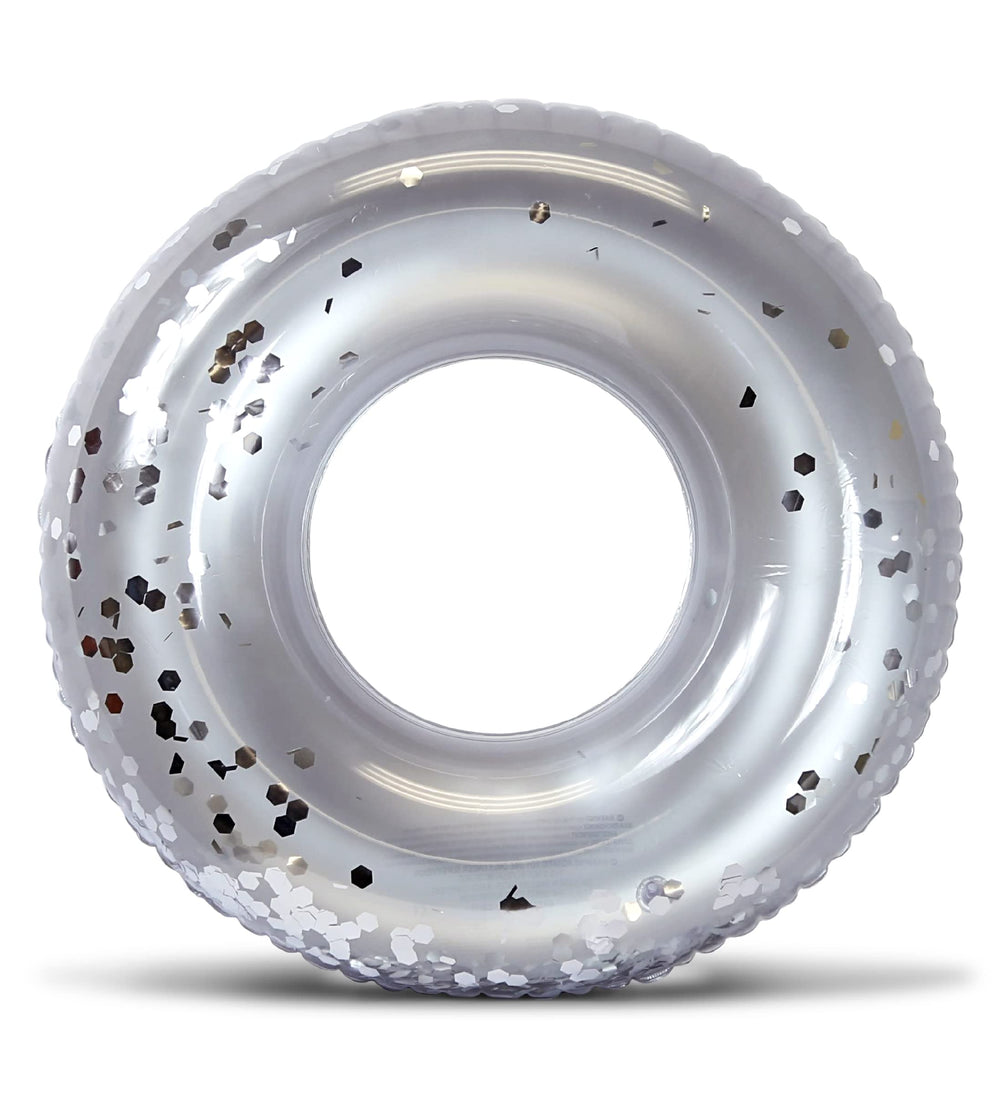 CoTa Global POZA silver confetti pool float angled view for vibrant pool parties