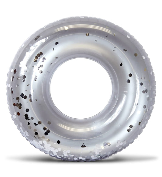 CoTa Global POZA silver confetti pool float angled view for vibrant pool parties