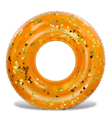 CoTa Global POZA orange gold confetti pool float viewed as a vibrant pool party centerpiece