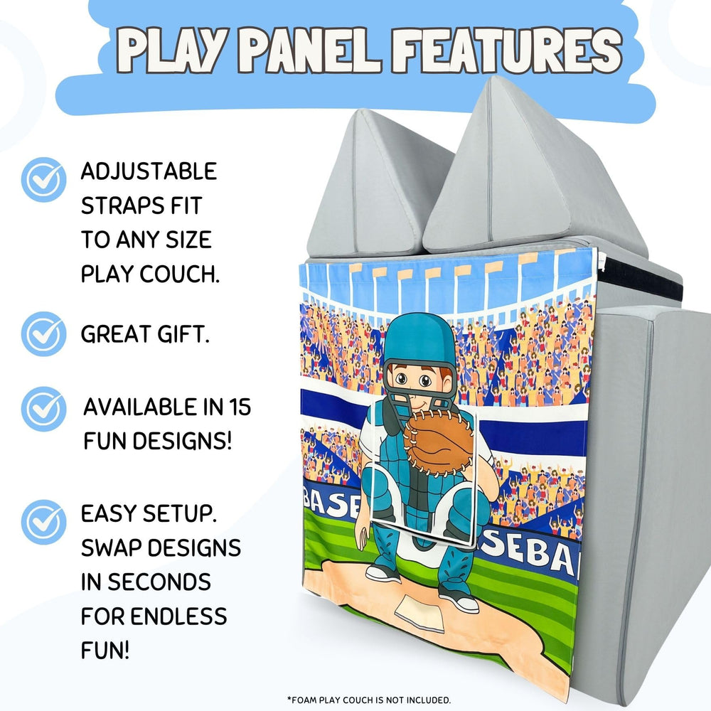 Couch Swag Baseball Play Panel with adjustable Velcro straps securing to most play couches