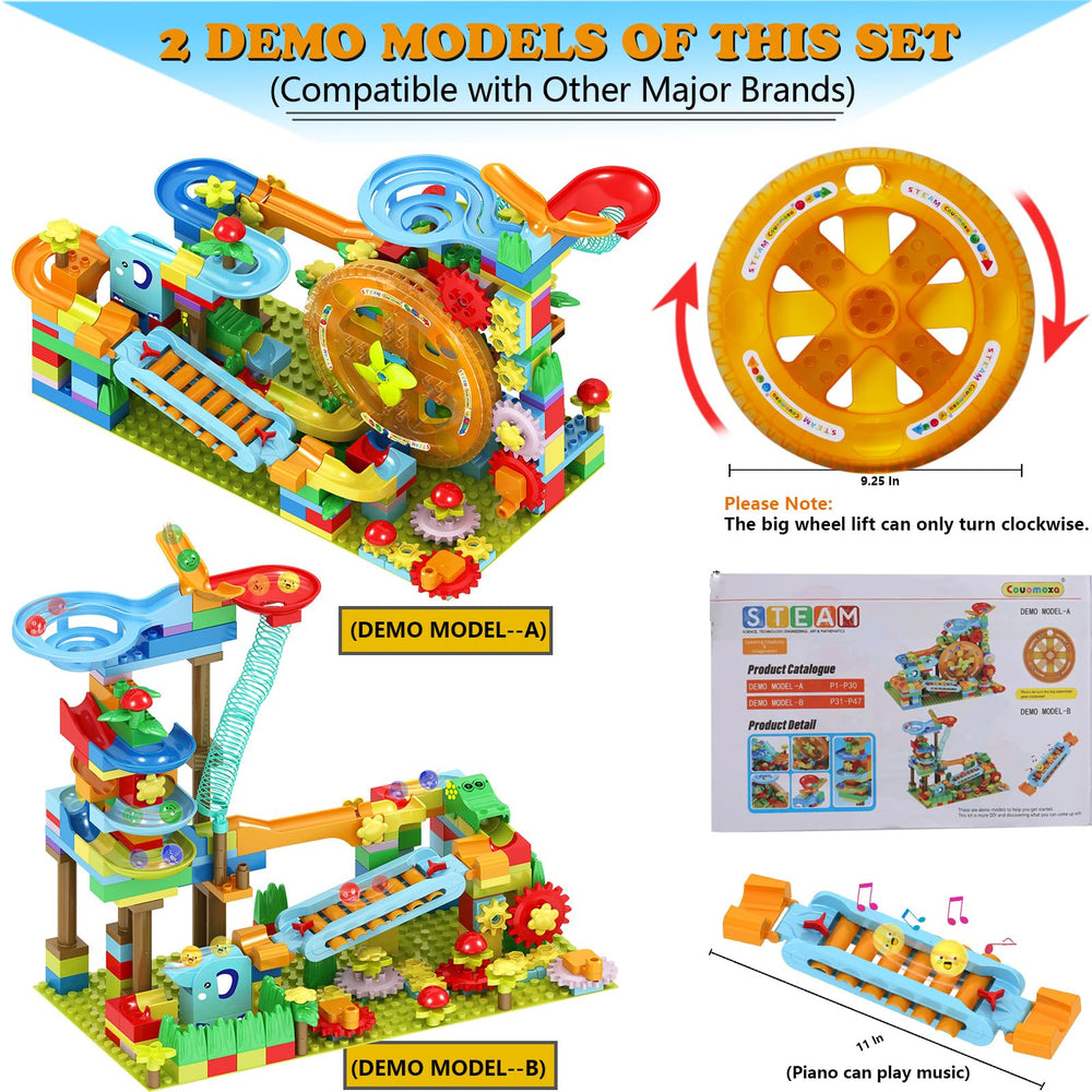 COUOMOXA Marble Run waterwheel module demonstrating kinetic play and exploration