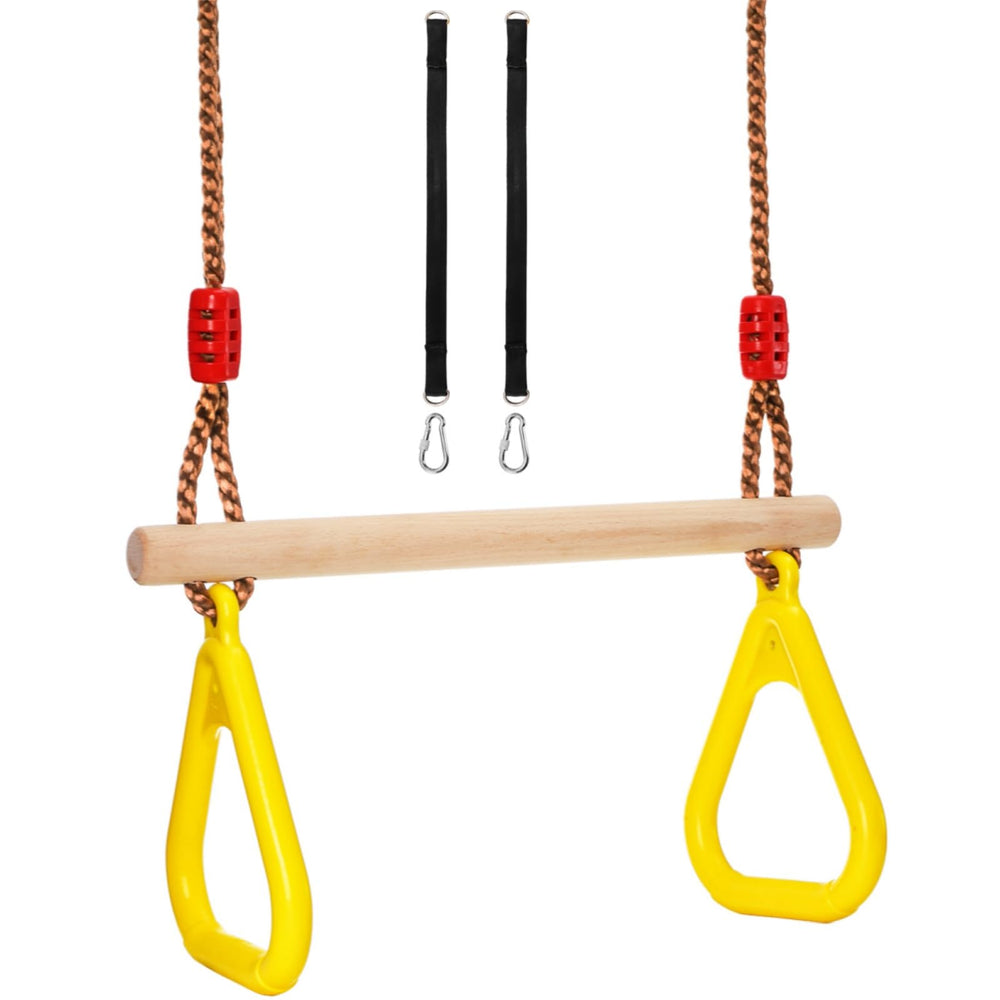 Covzoe trapeze bar front view with rings for versatile indoor and outdoor play.