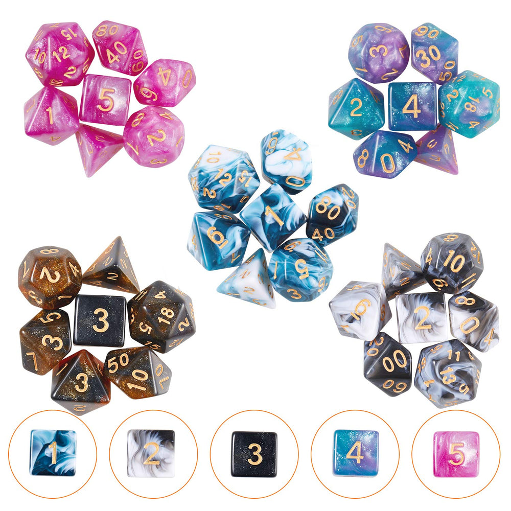 Close-up of colorful polyhedral dice with bold, readable numbers.