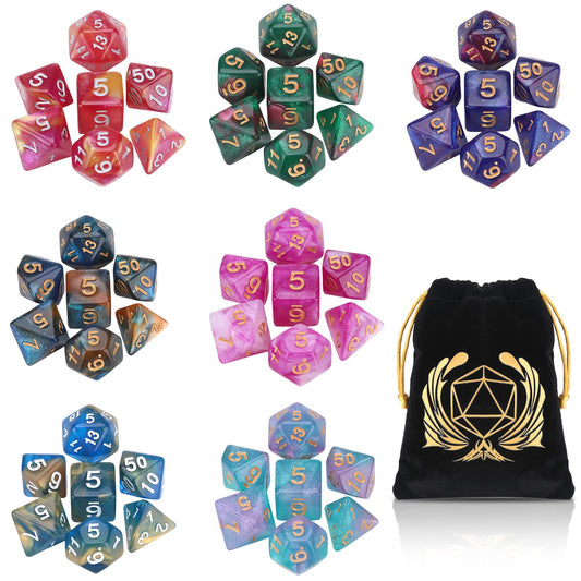 Coyeekn DND glitter dice set in a colorful spread for vibrant gameplay.