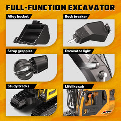 CozyBomB RC excavator 3in1 auger in motion for terrain drilling pretend tasks.