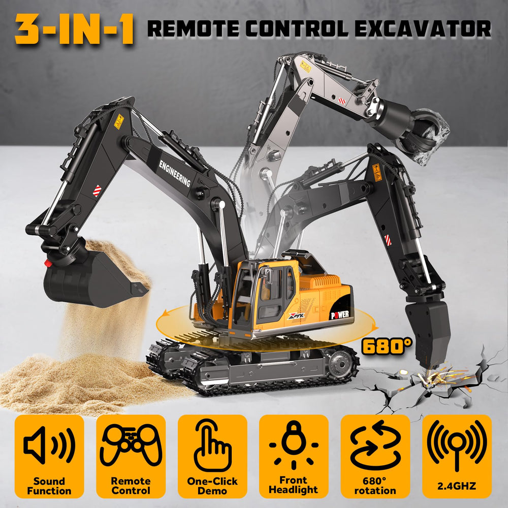 CozyBomB RC excavator 3in1 claw in action for object grabbing play.
