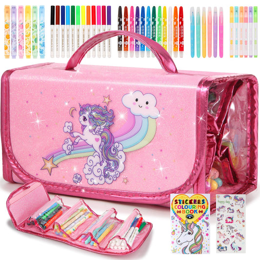 CozyJoyz glittery unicorn pencil case for organized art supplies.