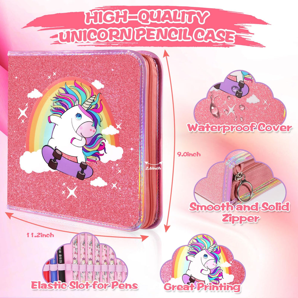 CozyJoyz Unicorn riding skateboard illustration for playful school supplies.