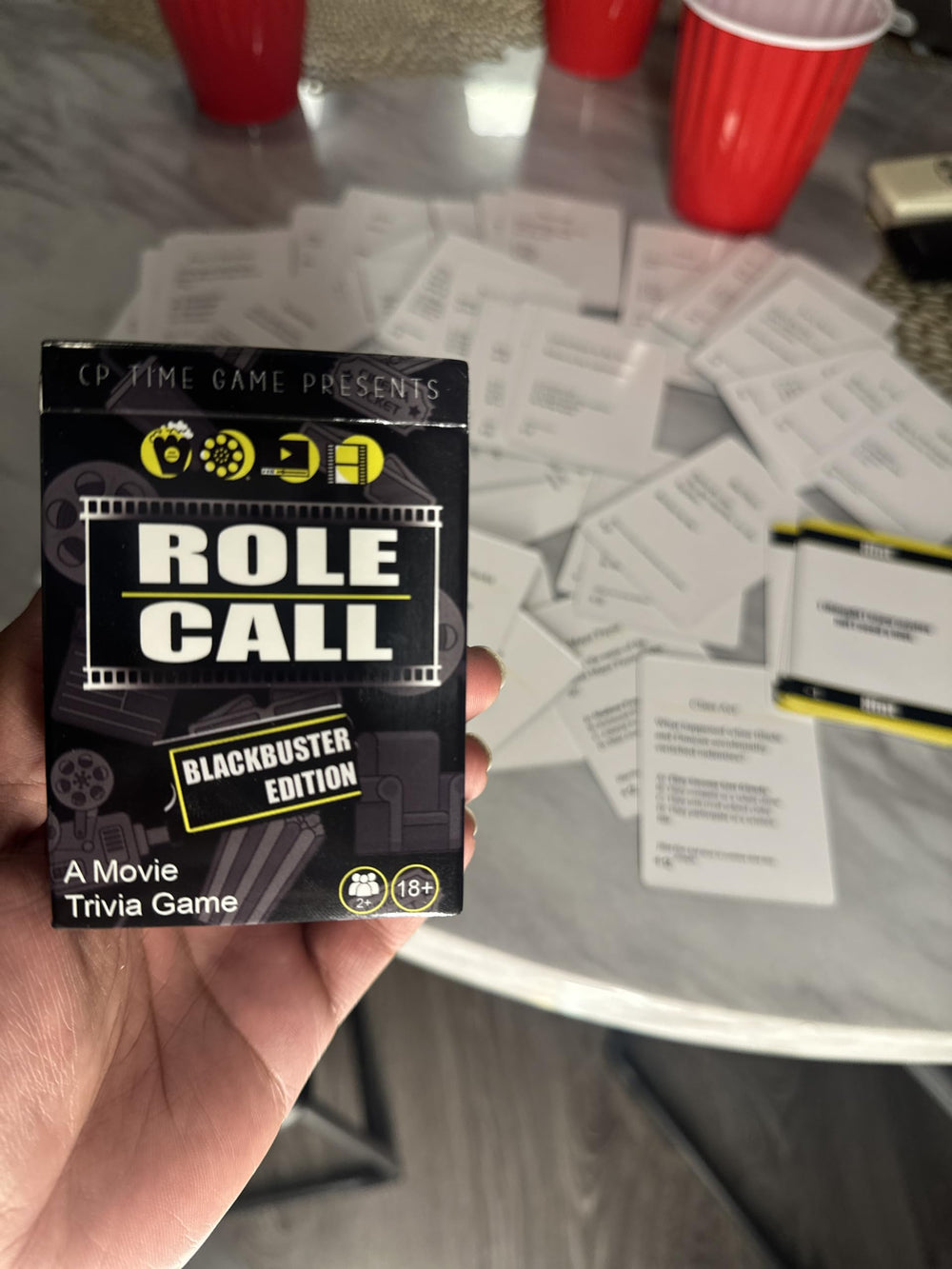 Family night setup featuring CP TIME Role Call Blackbuster Edition for inclusive play.