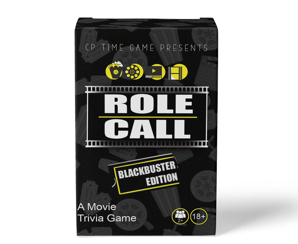 CP TIME Role Call Blackbuster Edition game box inviting family game night with classic cinema trivia.