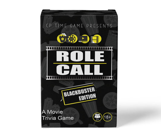 CP TIME Role Call Blackbuster Edition game box inviting family game night with classic cinema trivia.