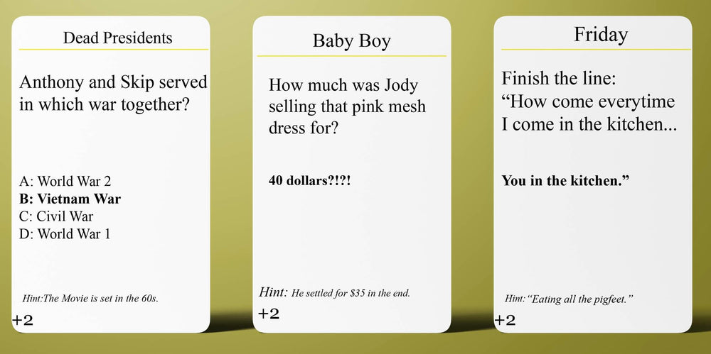 Question cards from CP TIME Role Call Blackbuster Edition showing iconic movie moments for quick gameplay.