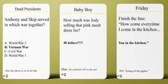 Question cards from CP TIME Role Call Blackbuster Edition showing iconic movie moments for quick gameplay.