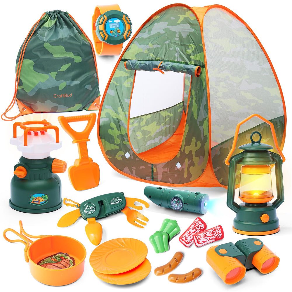 CraftBud kids camping set features pop-up tent for easy setup and imaginative play
