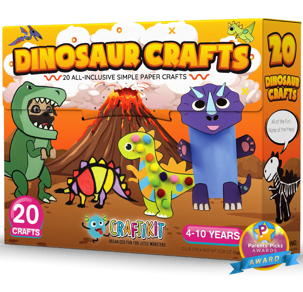 Craftikit dinosaur crafts box opens to reveal the complete kid-friendly kit.