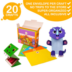 Craftikit kid crafting scene demonstrates independent play with dinosaur projects.