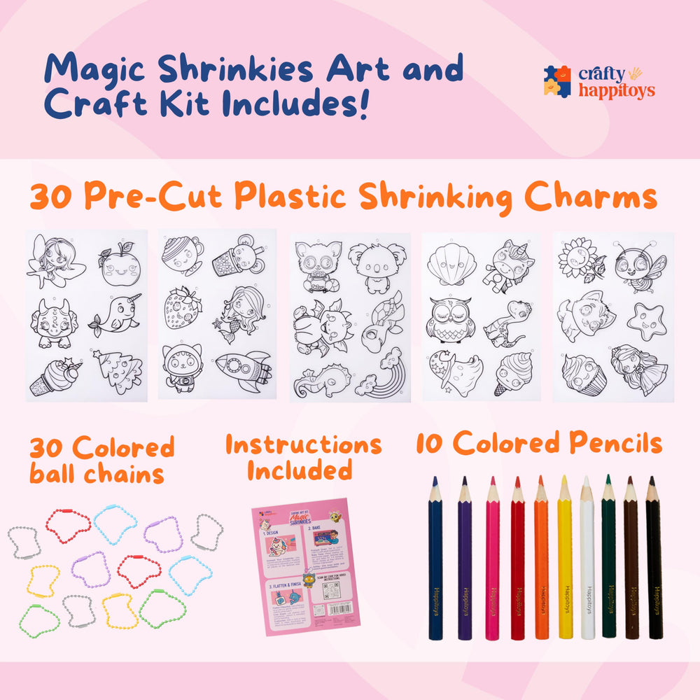 Crafty Happittoys shrinking art charms ready to color for personalized accessories.