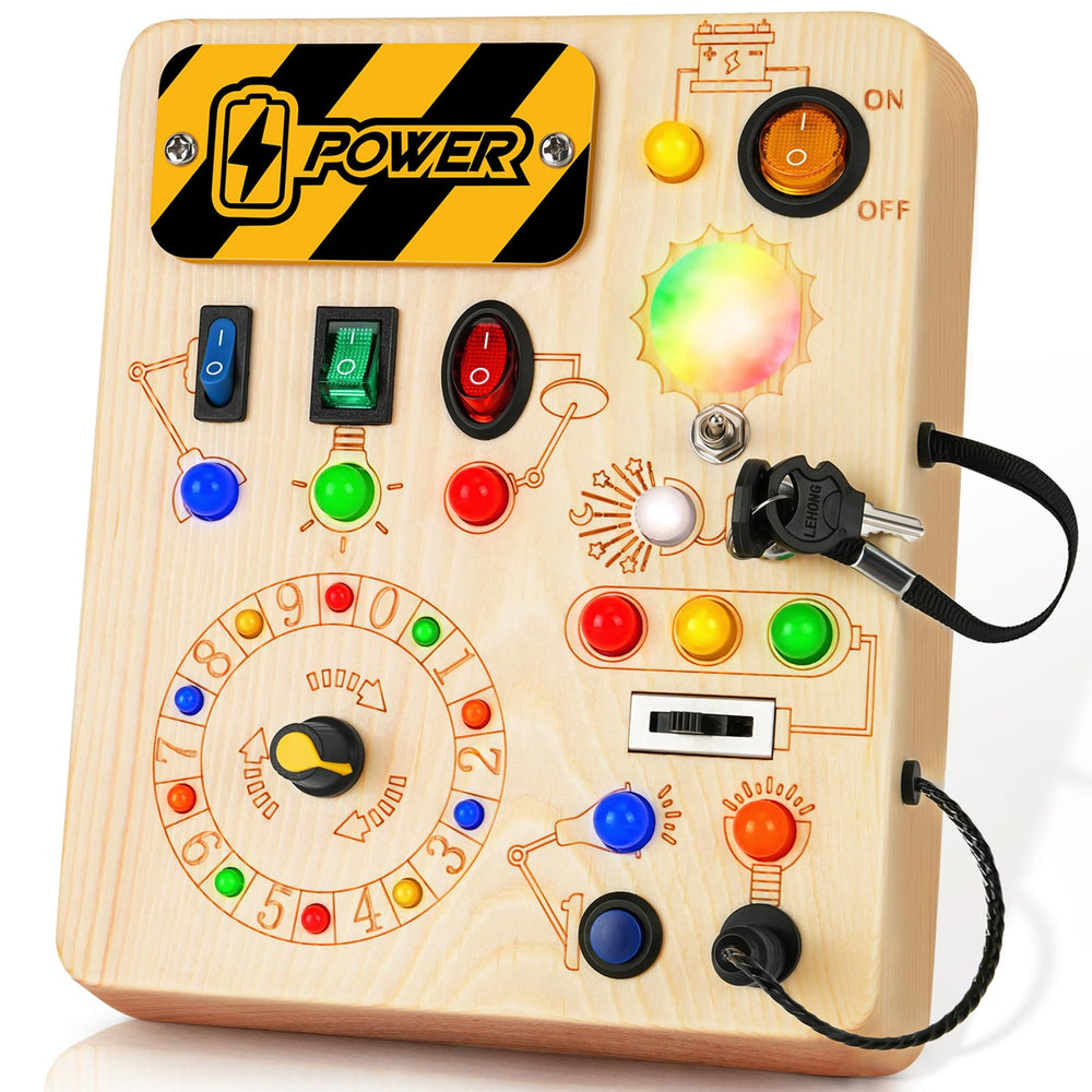 Cravenook Montessori Busy Board with LED switches promotes tactile learning and focus.