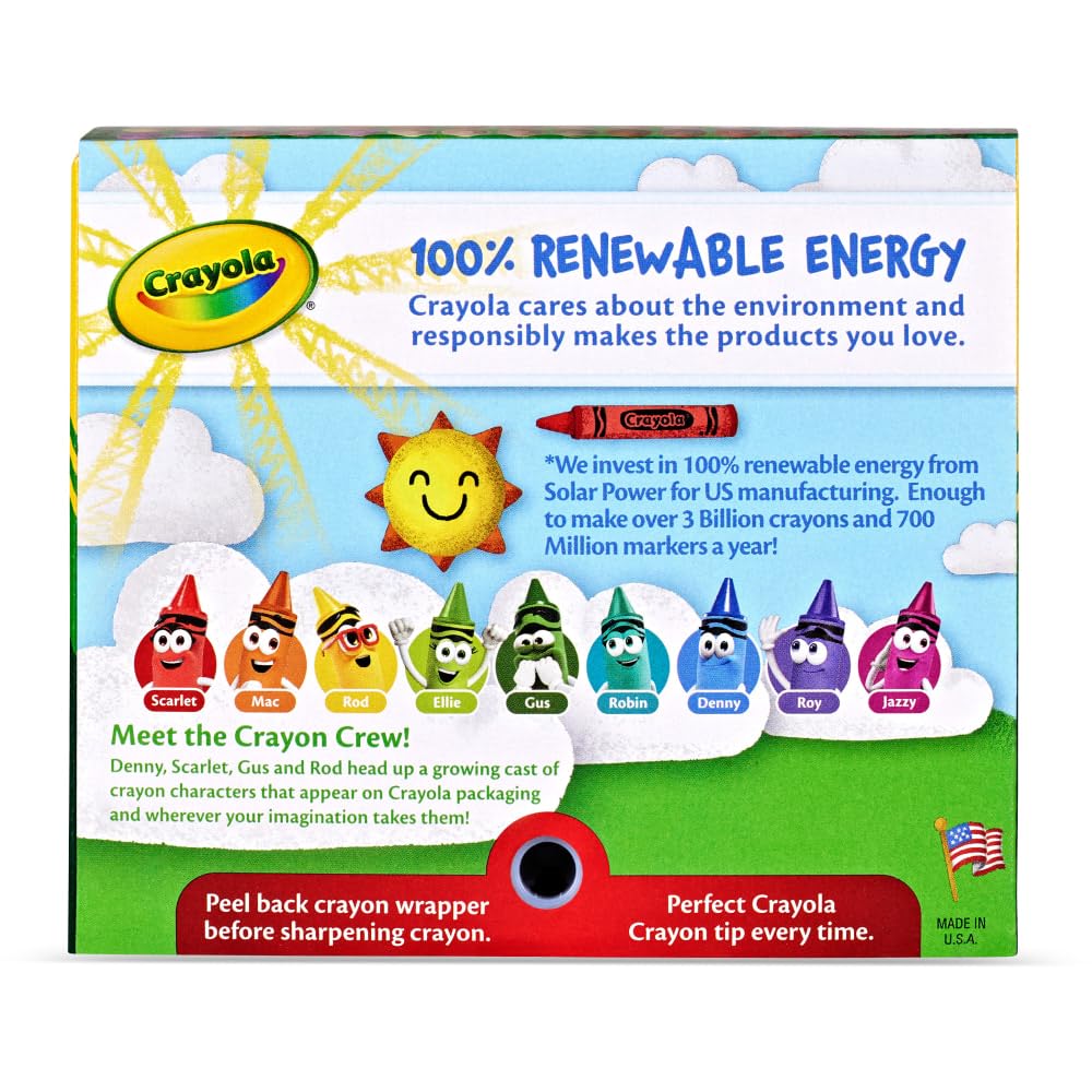 Crayola packaging illustration indicating safe handling and easy storage.