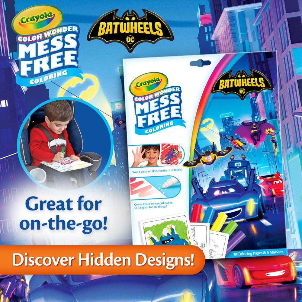Contains 18 coloring pages and 5 markers for Batwheels adventures.