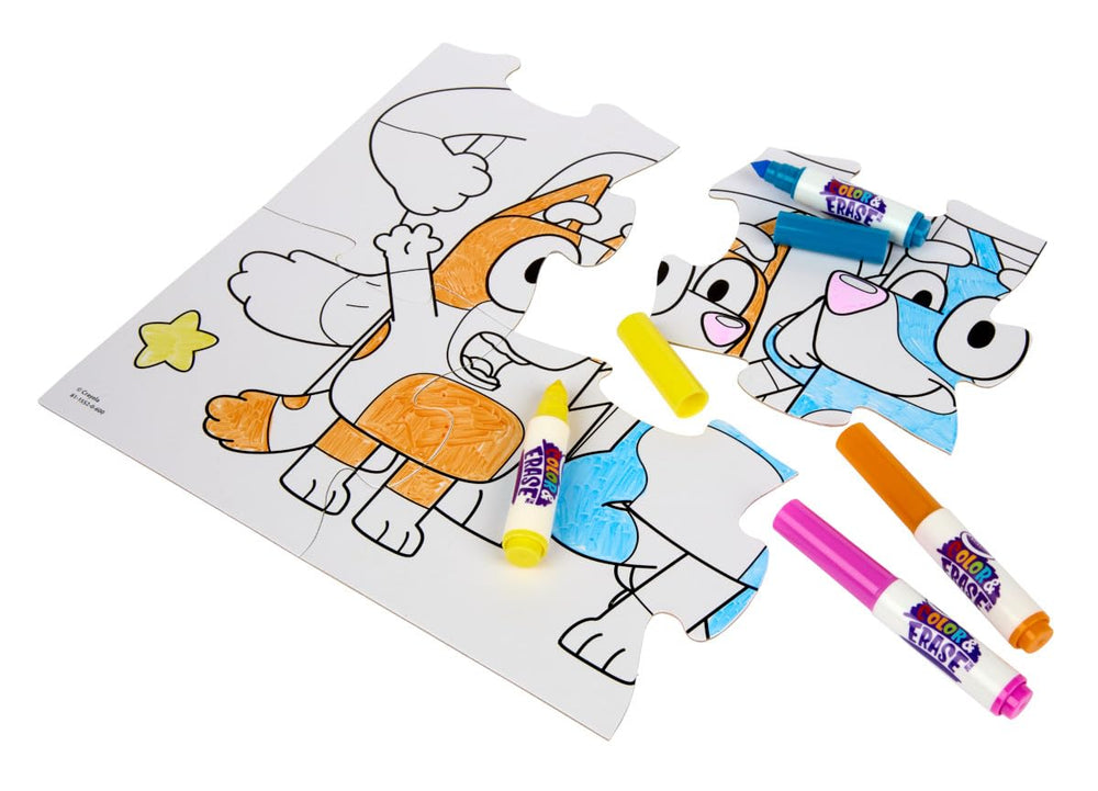 Bluey-themed double-sided puzzle pieces ready for coloring and solving