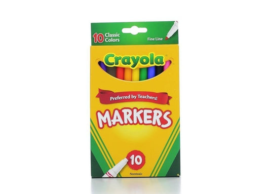 Crayola classic fine line markers 10-count pack arranged for precise lines and vibrant color.