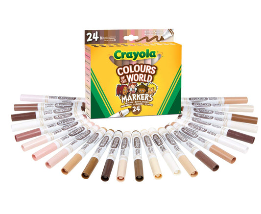 Crayola Colors of the World markers 24-pack packaging, ideal for inclusive classroom art projects.