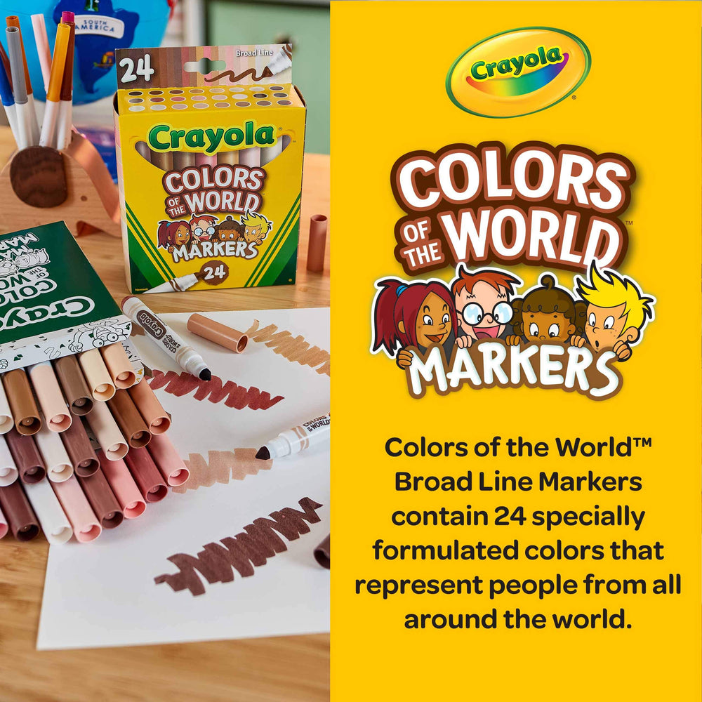 Crayola Colors of the World markers on a coloring page in use.