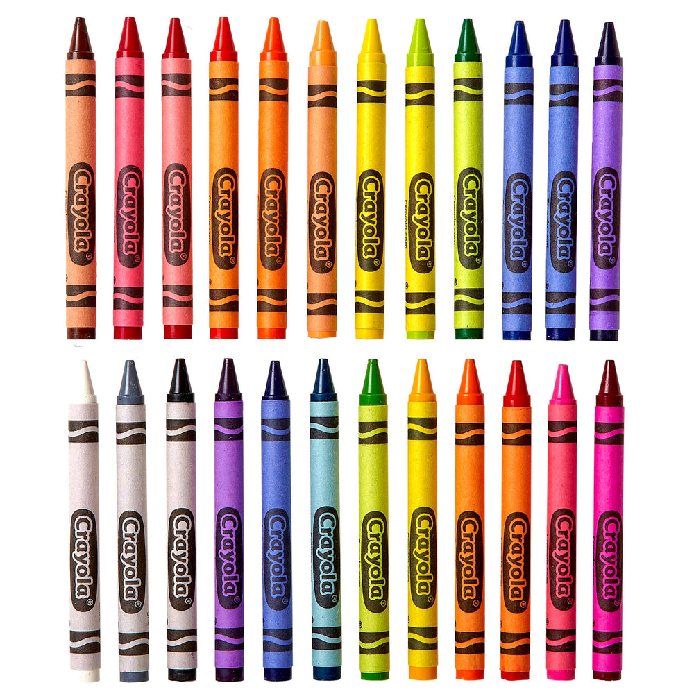 Crayola box with labeled boxes supports orderly classroom activities.