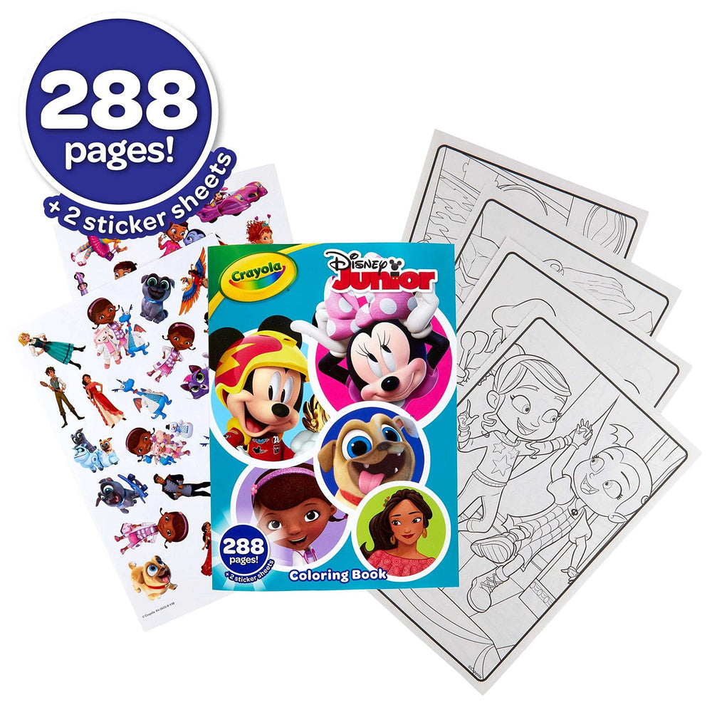 Crayola Disney Jr. coloring pages spread featuring favorite Disney Junior scenes for at-home coloring.
