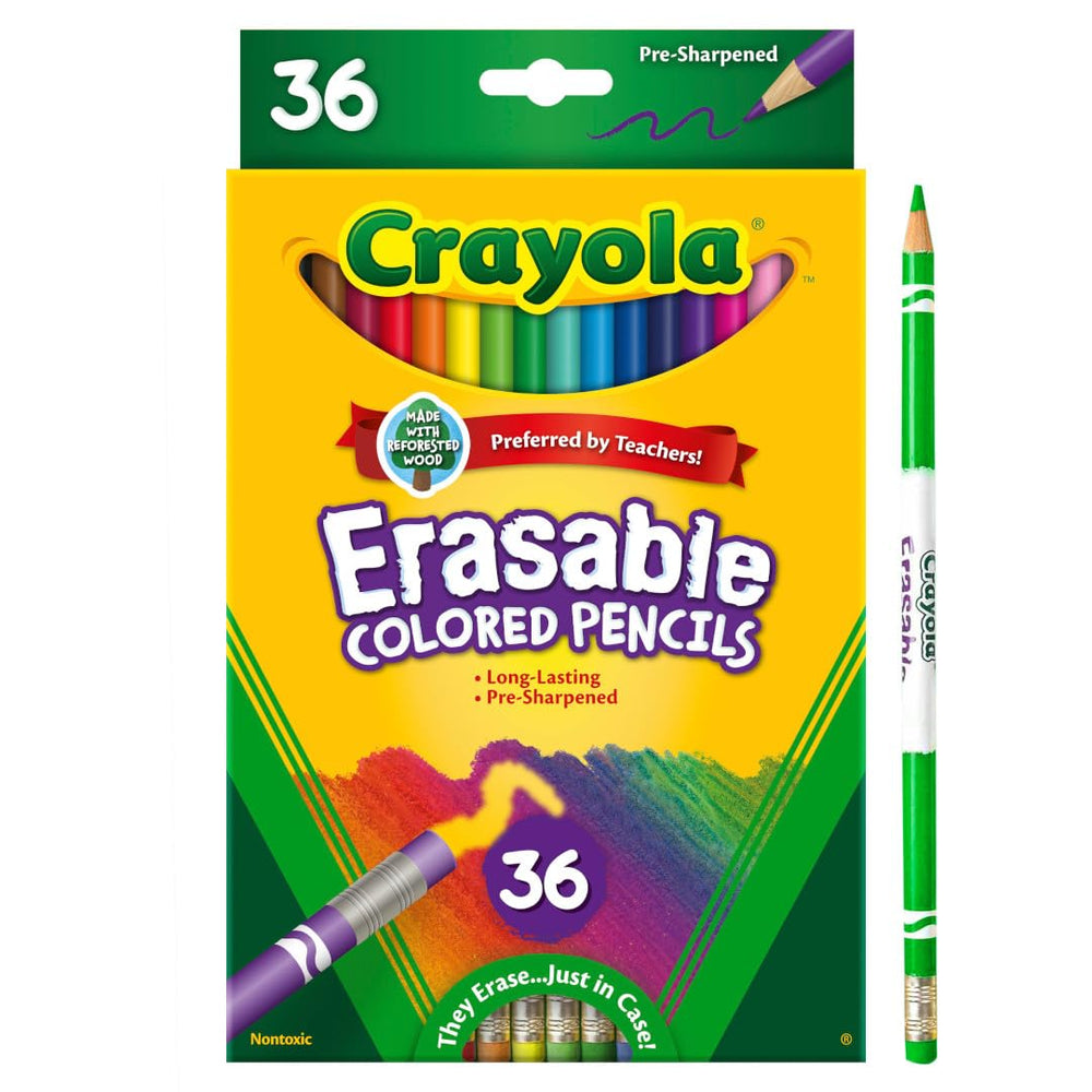 Crayola Erasable Colored Pencils showcase a vibrant color palette for bold drawings.