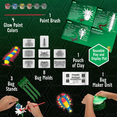 Crayola Glow in the Dark Critter Creator glow paints illuminate tiny bug artwork.