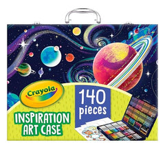 Opened Crayola art case reveals layout with crayons, markers, and pencils for creativity.