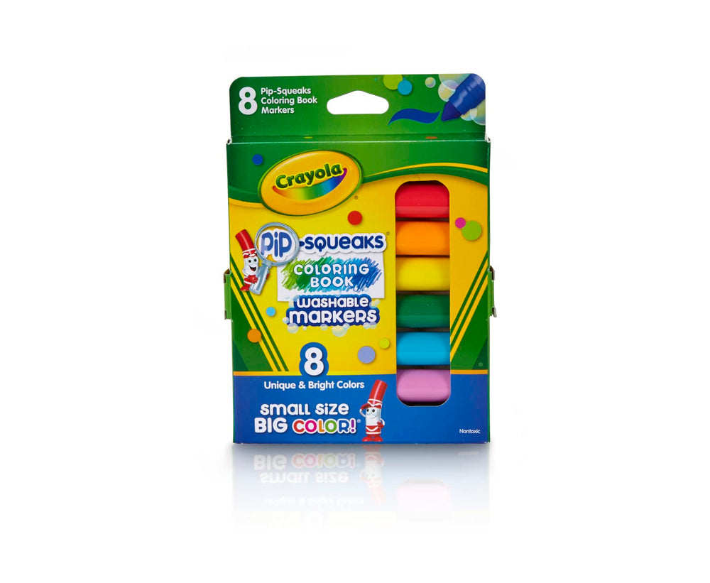 Crayola Pip-Squeaks mini markers in eight colors for mess-free creativity.