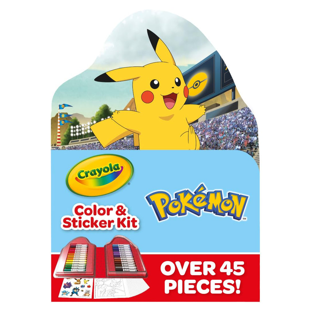 Crayola Pokemon Art Kit contents shown with markers, pages, stickers, and portable case for kids