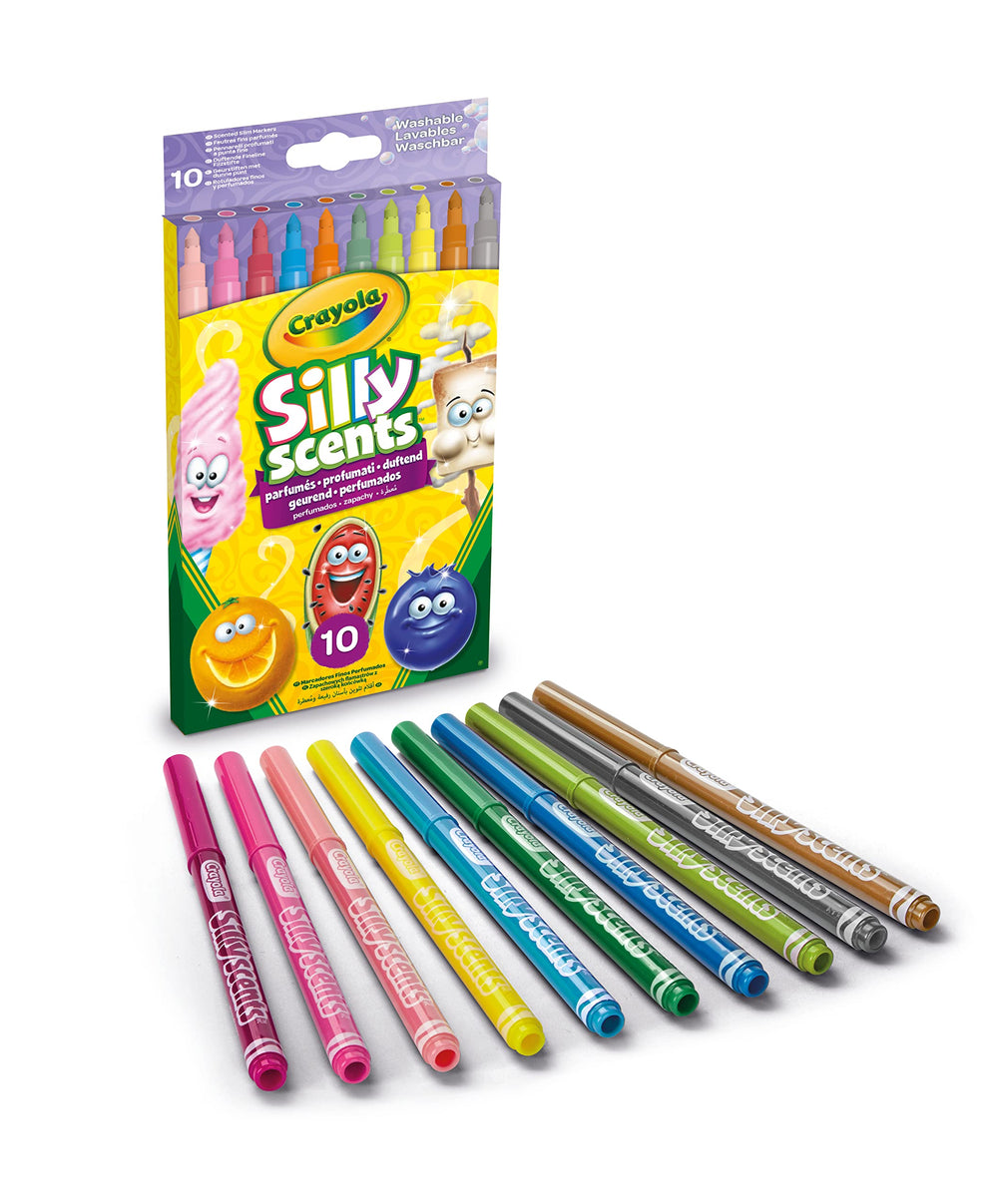 Crayola Silly Scents markers set with 10 fragrant, washable markers for kids' art.