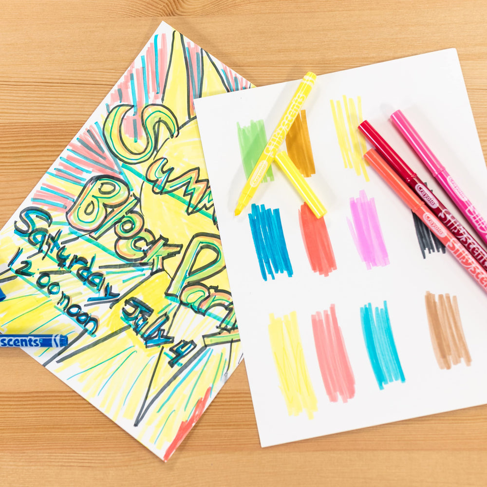 Crayola Silly Scents marker swatches highlighting fruity scents and easy cleanup after crafts.