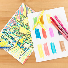 Crayola Silly Scents marker swatches highlighting fruity scents and easy cleanup after crafts.