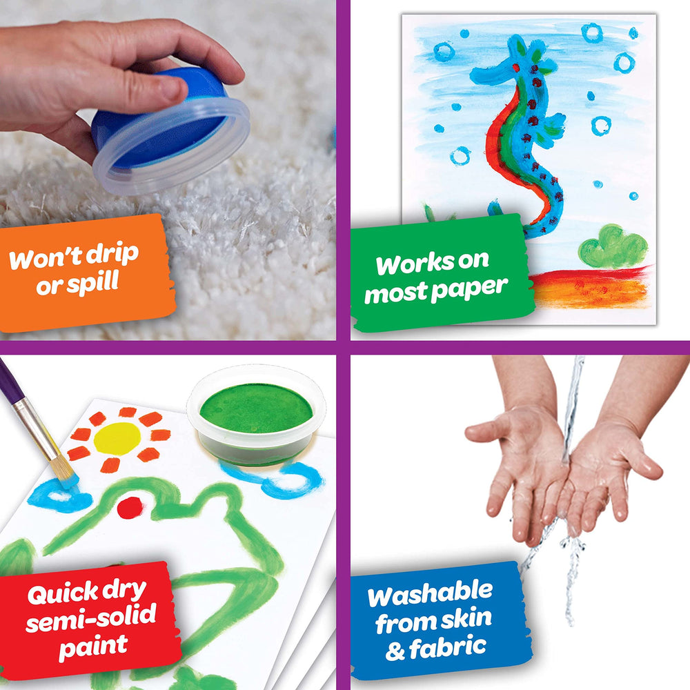 Crayola Spill Proof Paint Set semi-solid texture helps minimize spills during playtime.
