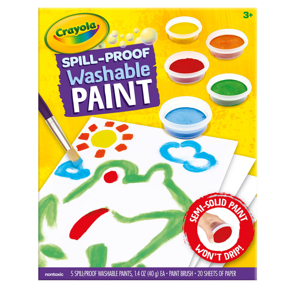 Crayola Spill Proof Paint Set is washable from skin and most fabrics.