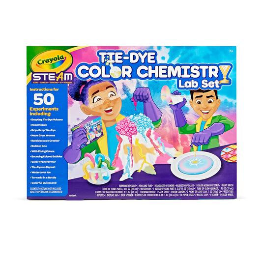 Crayola Tie Dye Color Chemistry Set packaging shows vivid gear for engaging STEM play at home