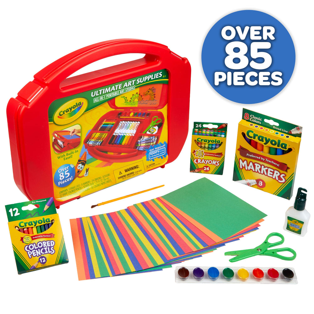 Crayola Ultimate Art Case opened to reveal organized trays and supplies.