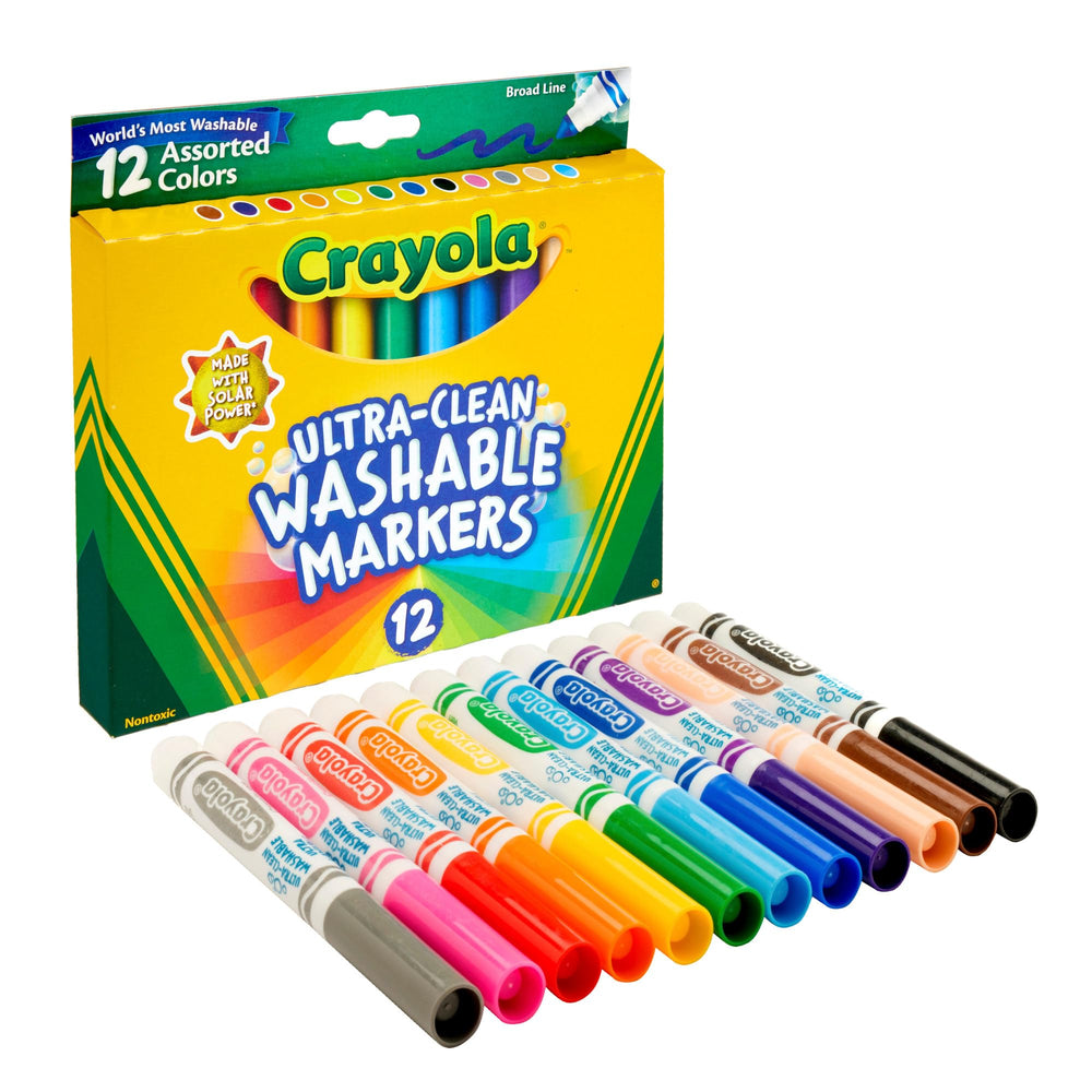 Crayola Ultra Clean markers color swatches illustrate vibrant hues.