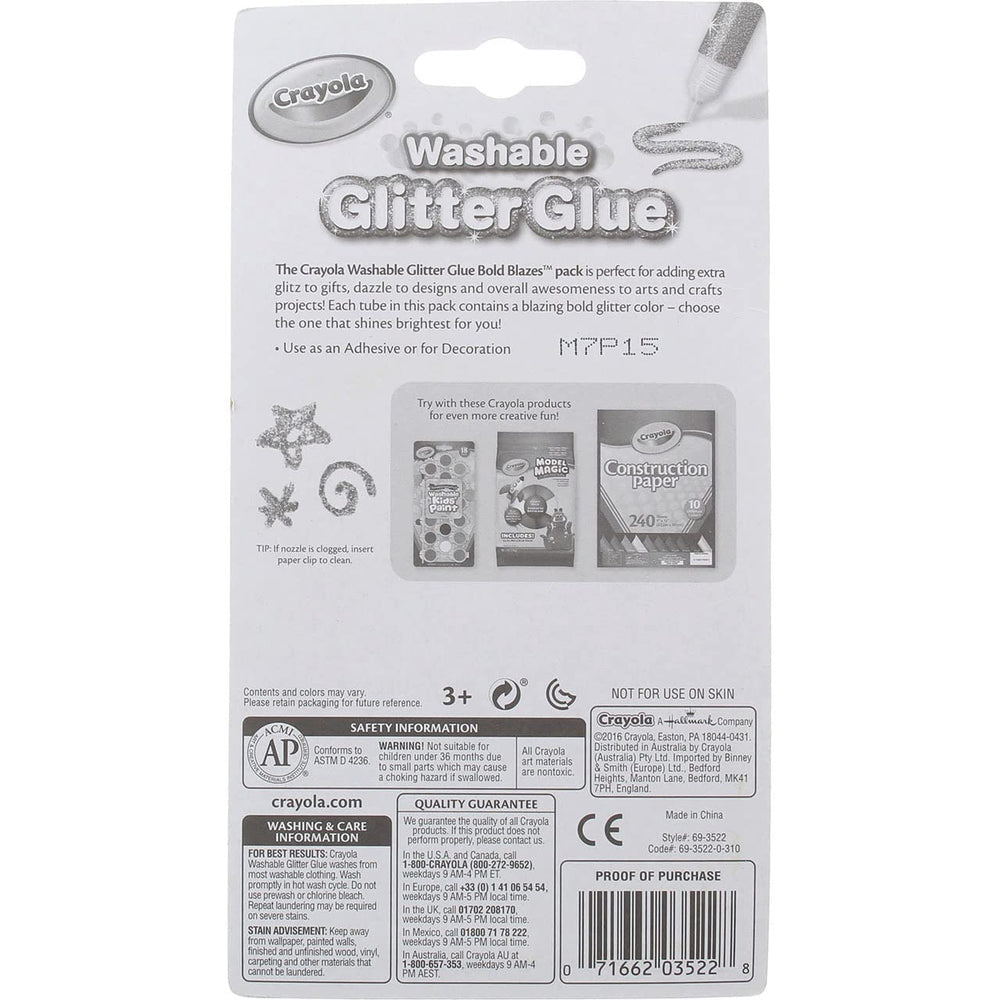 Crayola Glitter Glue Bold Blazes silver tube enhances festive crafts with shimmer.