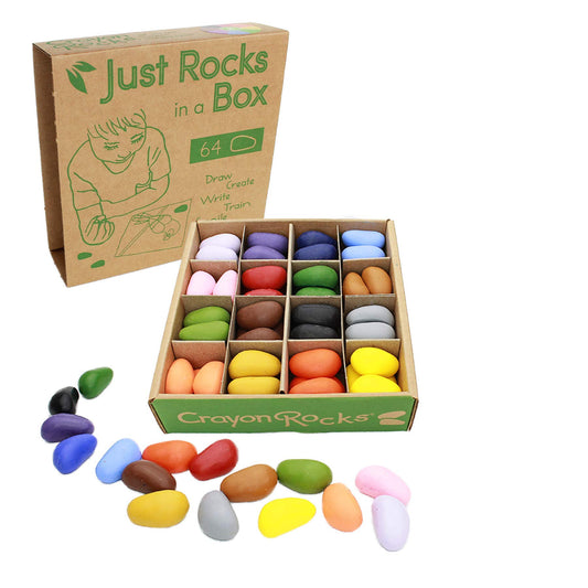 Crayon Rocks Just Rocks box 64-count keeps colors organized for classroom sharing.